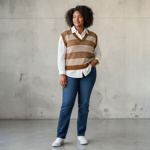 Adrianna Papell Mixed Media Brown and Ivory Striped Sweater Vest Twofer Top